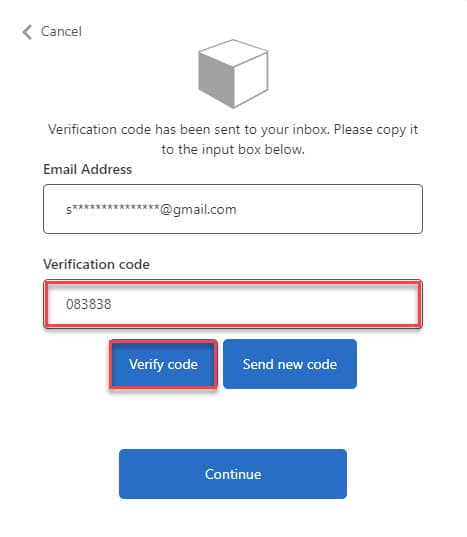 Login to your Email in another browser. You will see an email from “Microsoft on behalf of SCCGOV-B2C”. Open the email to see the verification code. Copy this code and paste it in the Verification code box shown in red below then click "Verify code".